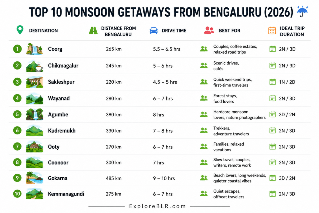 Infographic showcasing top 10 monsoon getaways from Bangalore along with distance, drive time and ideal trip duration.